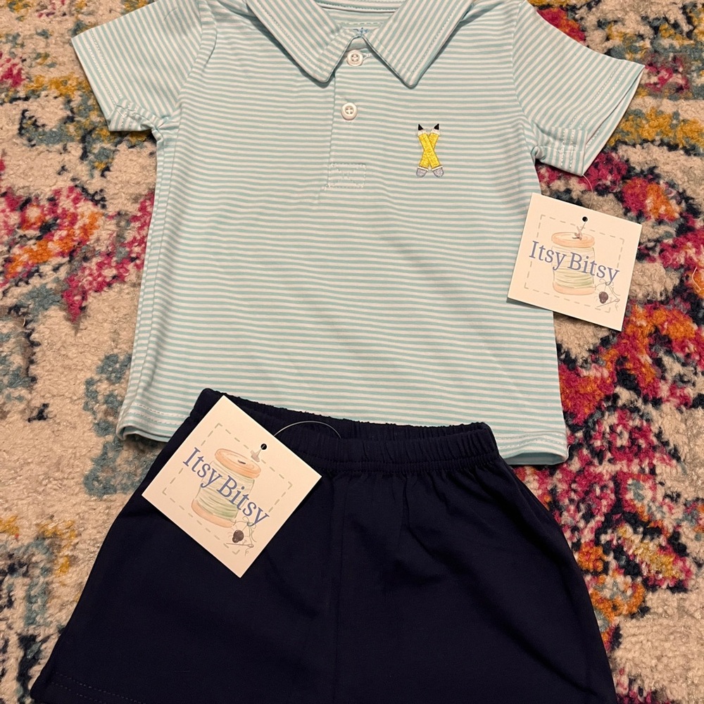 Itsy Bitsy Boys' Light Blue Stripe Polo & Navy Shorts Set 12M NWT